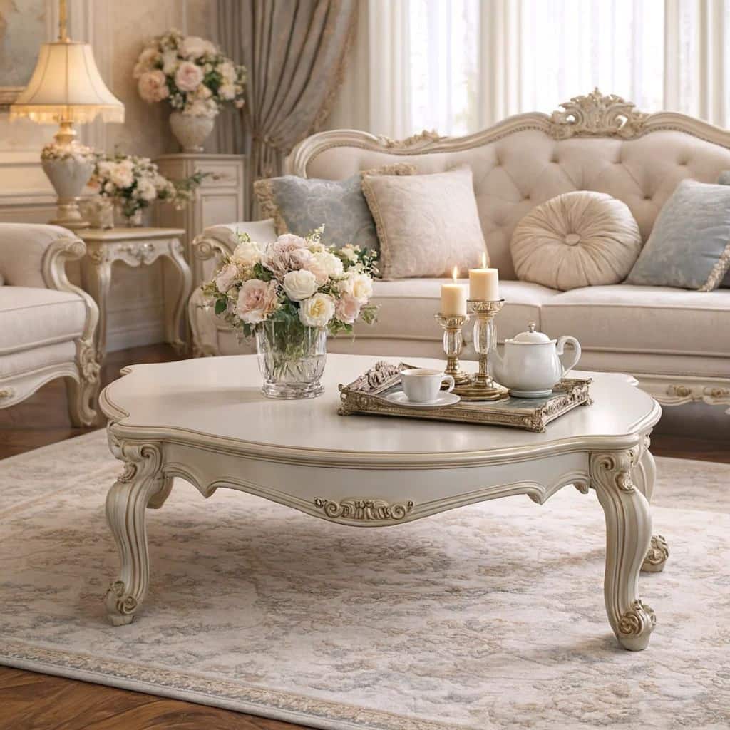 Vintage Style Wooden Coffee Table with Scrolled Apron and Cabriole Legs, Pearl White