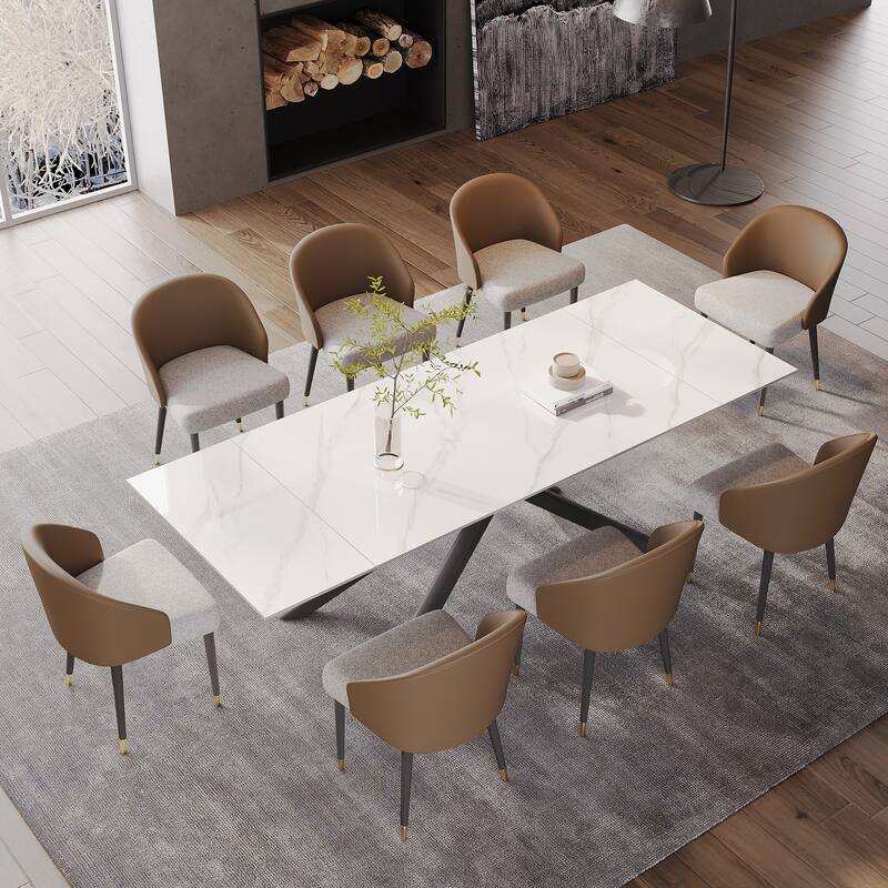 9 - Piece Extendable Rectangular Sintered Stone Cross Legs Dining Set With 8 Chairs For Home or Villa - Brown&Grey Chair