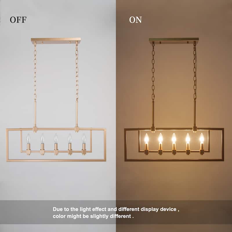 Mid-Century Modern Brass 5-light Linear Frame Candle Chandelier Kitchen Island Dining Room - matte rose gold - L28" x W5" x H78"