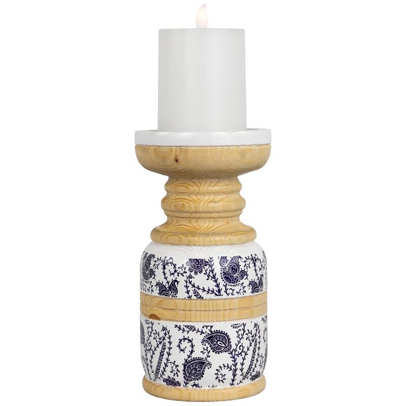 Paisley Wooden Candle Holder - 8.5" - White and Blue