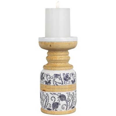Paisley Wooden Candle Holder - 8.5" - White and Blue