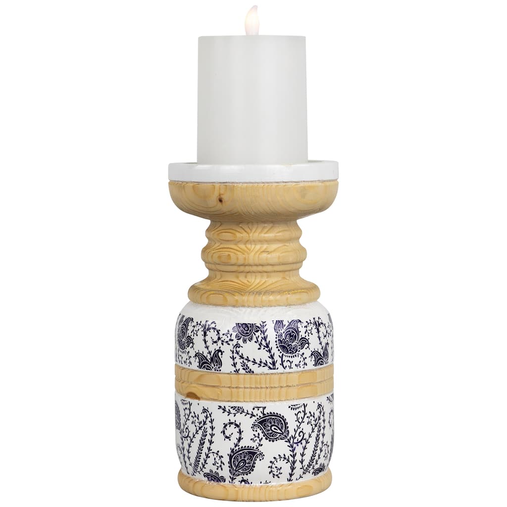 Paisley Wooden Candle Holder - 8.5" - White and Blue