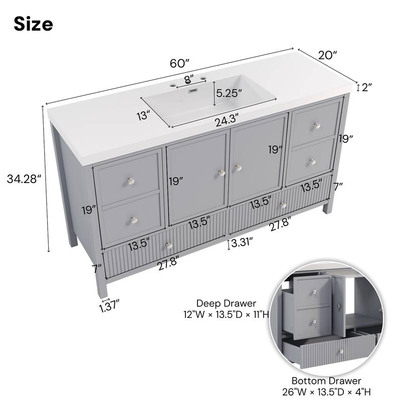 Christopher Knight Home - Modern 60-Inch Bathroom Vanity with Separate Sink and Soft-Close Storage