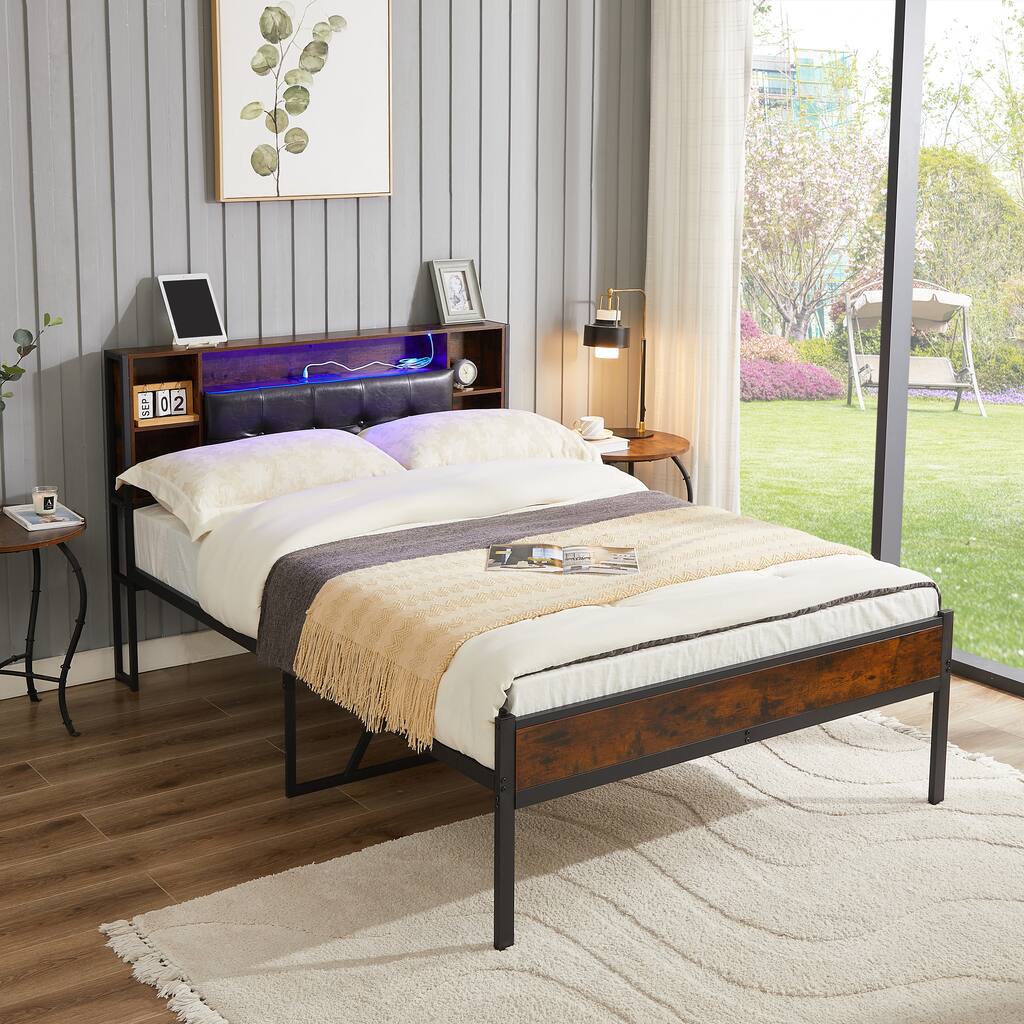 Metal Bed Frame with Storage Headboard/USB Charging Station