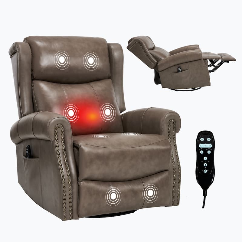 360° Swivel Rocking Recliner with Heat & Massage, Genuine Leather