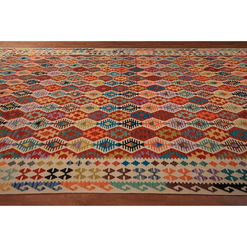 All-Over Geometric Kilim Oriental Large Rug Flatweave Wool Carpet - 10'3" x 16'6"