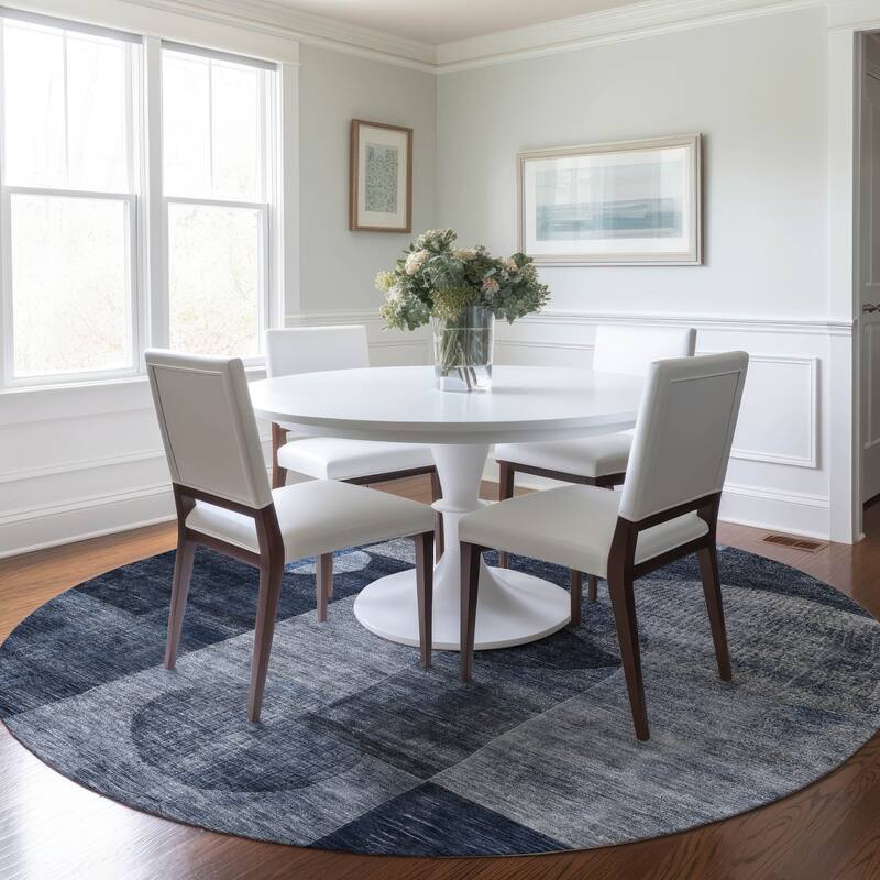 Machine Washable Indoor/ Outdoor Abstract Geo Chantille Rug - Navy - 8' x 8'