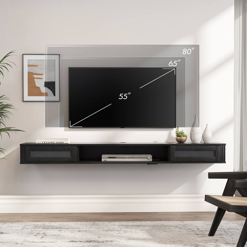 WAMPAT Floating TV Stand Shelf with Power Outlet and 2 Rattan Doors