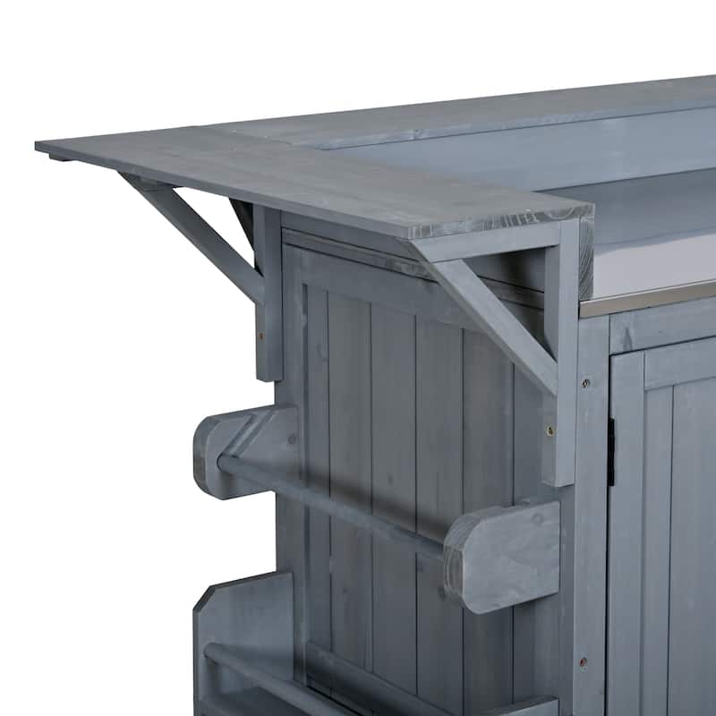 60" Rolling Outdoor Kitchen Island with Stainless Steel Top, Wood BBQ Prep Cart with Wine Rack & Drawers