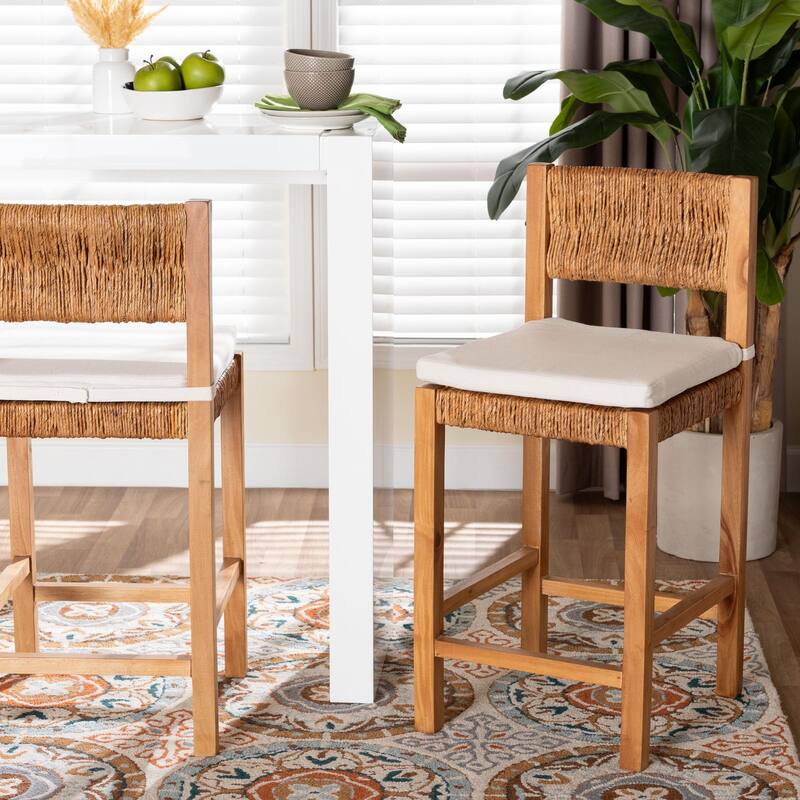 Pava Woven Seagrass Counter Stool - Solid Mahogany Wood Stool with Textured Back, Coastal Boho Seating for Kitchen Island
