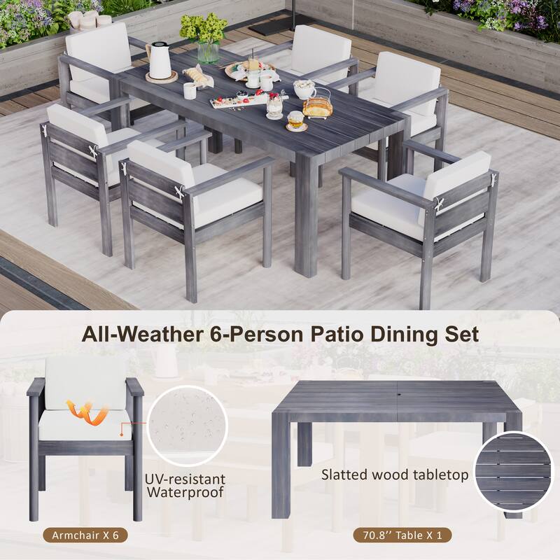 7-Piece Outdoor Patio Dining Set Wood Rectangular Dining Table and 6 Arm Chairs with Parasol Hole and Removable Cushions