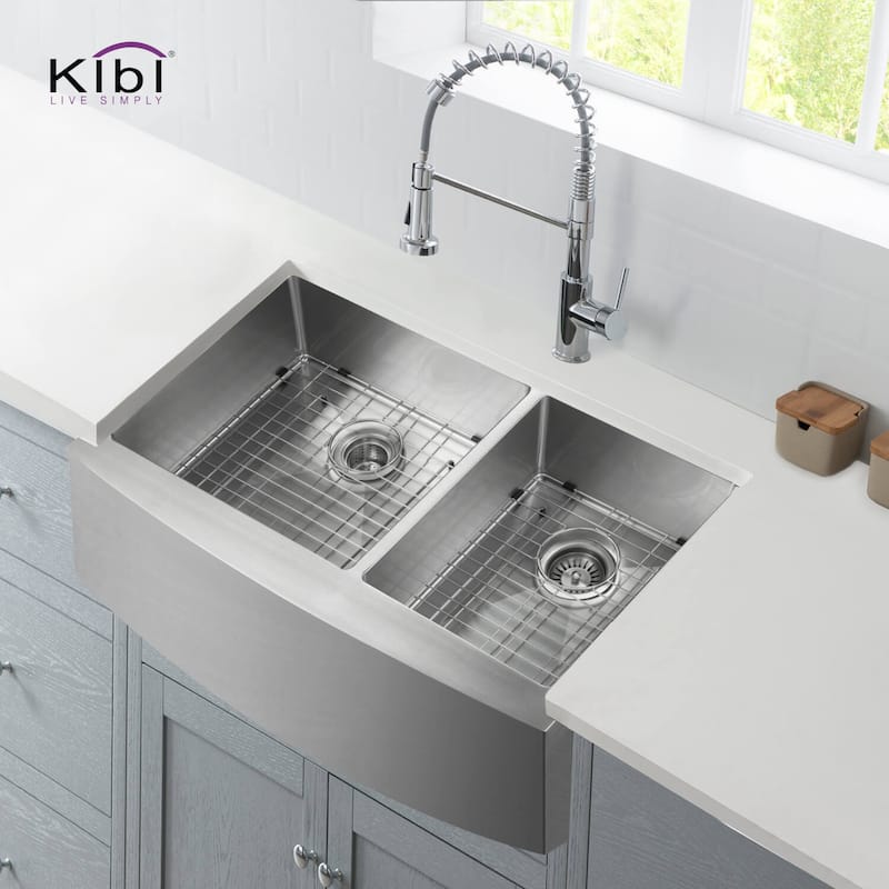 Handcrafted Farmhouse Apron Double Bowl Real 16 gauge Stainless Steel Kitchen Sink with Strainer and Grid