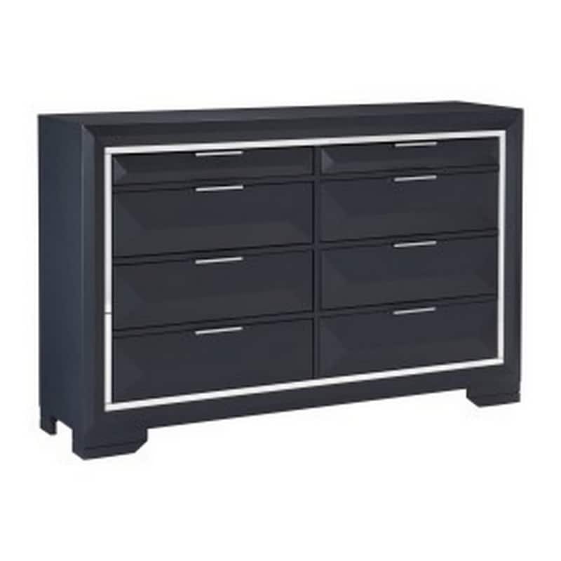 Rosy 60 Inch Dresser, 8 Drawers, Chrome Metal Accents, Midnight Blue Wood