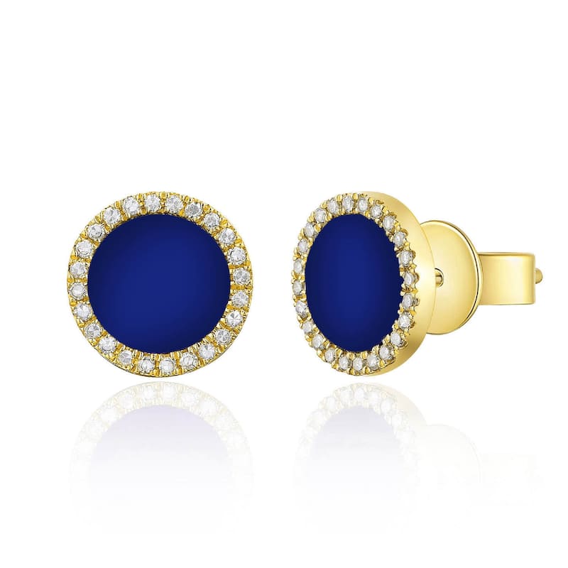 Joelle Collection Lapis and Diamond Pave Disc Circle Stud Earrings 14K Gold - Yellow