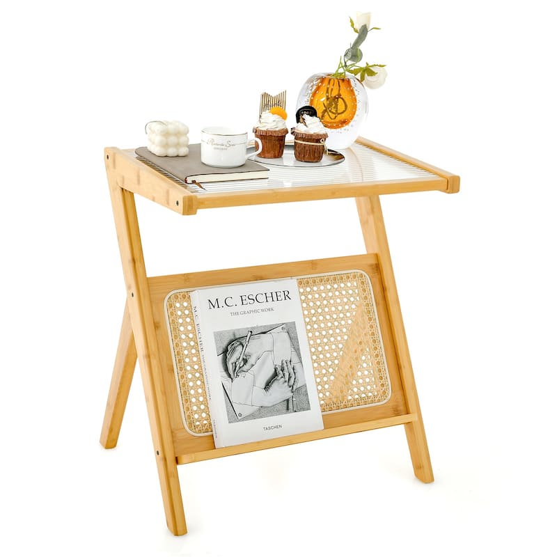 Decorative End Table with Rattan Accents and Storage Rack - 19.5" x 14" x 22" (L x W x H)