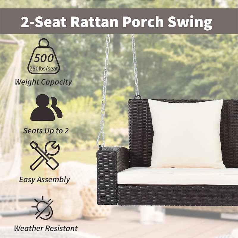 Outdoor Patio 2-Seat Wicker Porch Swing w/ Steel Chain, Cushions - 50"L x 22.4"W x 20.5"H
