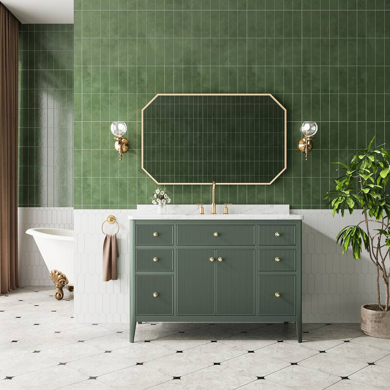 Modland 48" Bathroom Vanity with Sink, Soft Close Drawers & Doors, Carrara Marble Top, Fully Assembled - 48 inch - Vintage Green