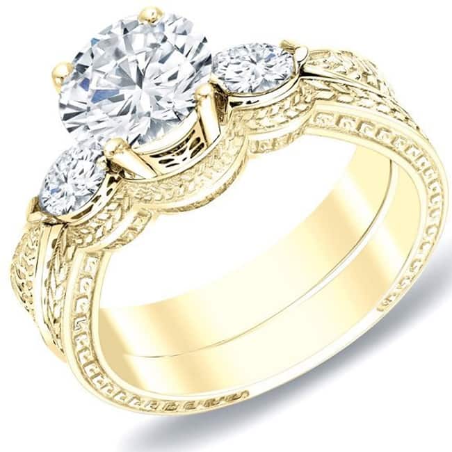 Auriya 14k Gold 4/5ctw Vintage 3-stone Diamond Engagement Ring Set