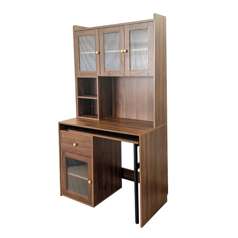 Computer Desk With Glass Door For Home Office Or Study Desk,Bookshelf & Hutch,Computer Desk With 90 Degree Rotating Desktop