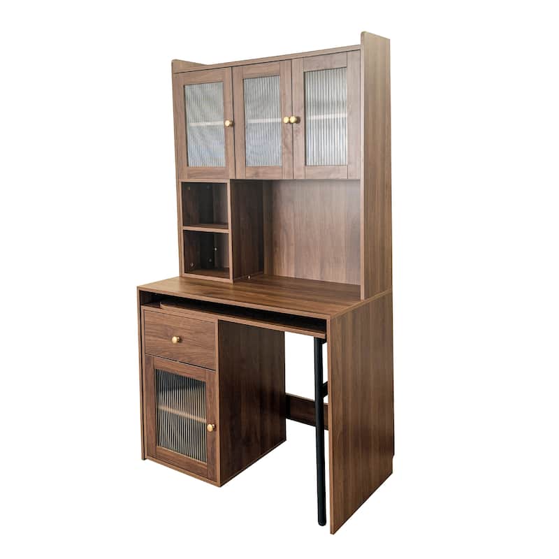 Rotating Computer Desk with Extendable Desktop, Modern Study Writing Desk with Glass Doors, Hutch & Bookshelf for Home Office