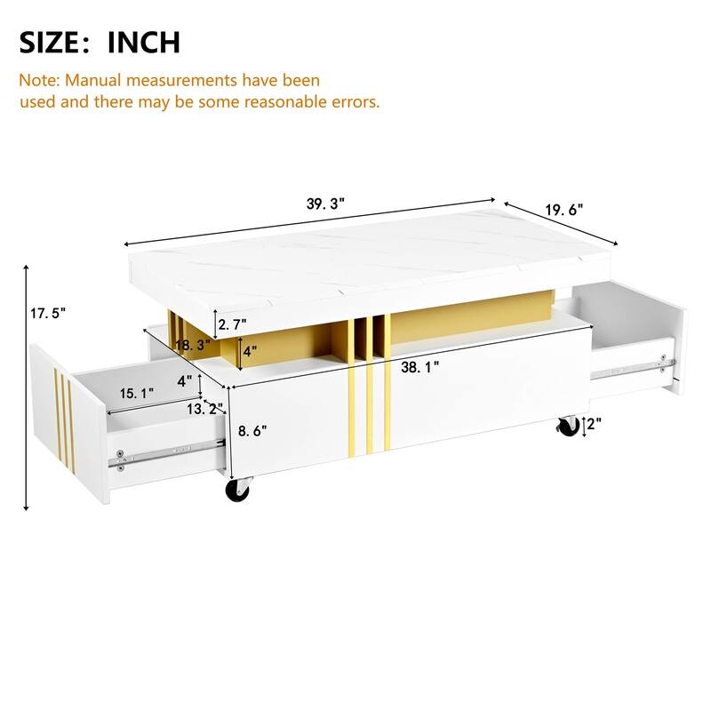 Coffee Table with 2 Storage Drawers, Rectangle Cocktail Table Center Table with Caster Wheel for living Rooms, Offices, Lounges