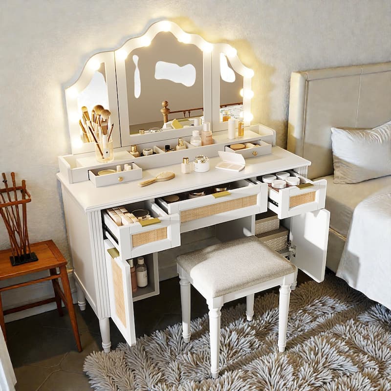44.37" Makeup Vanity Desk with 13 Hollywood Bulbs, Tri-Fold Mirror, 5 Drawers and Charging Station