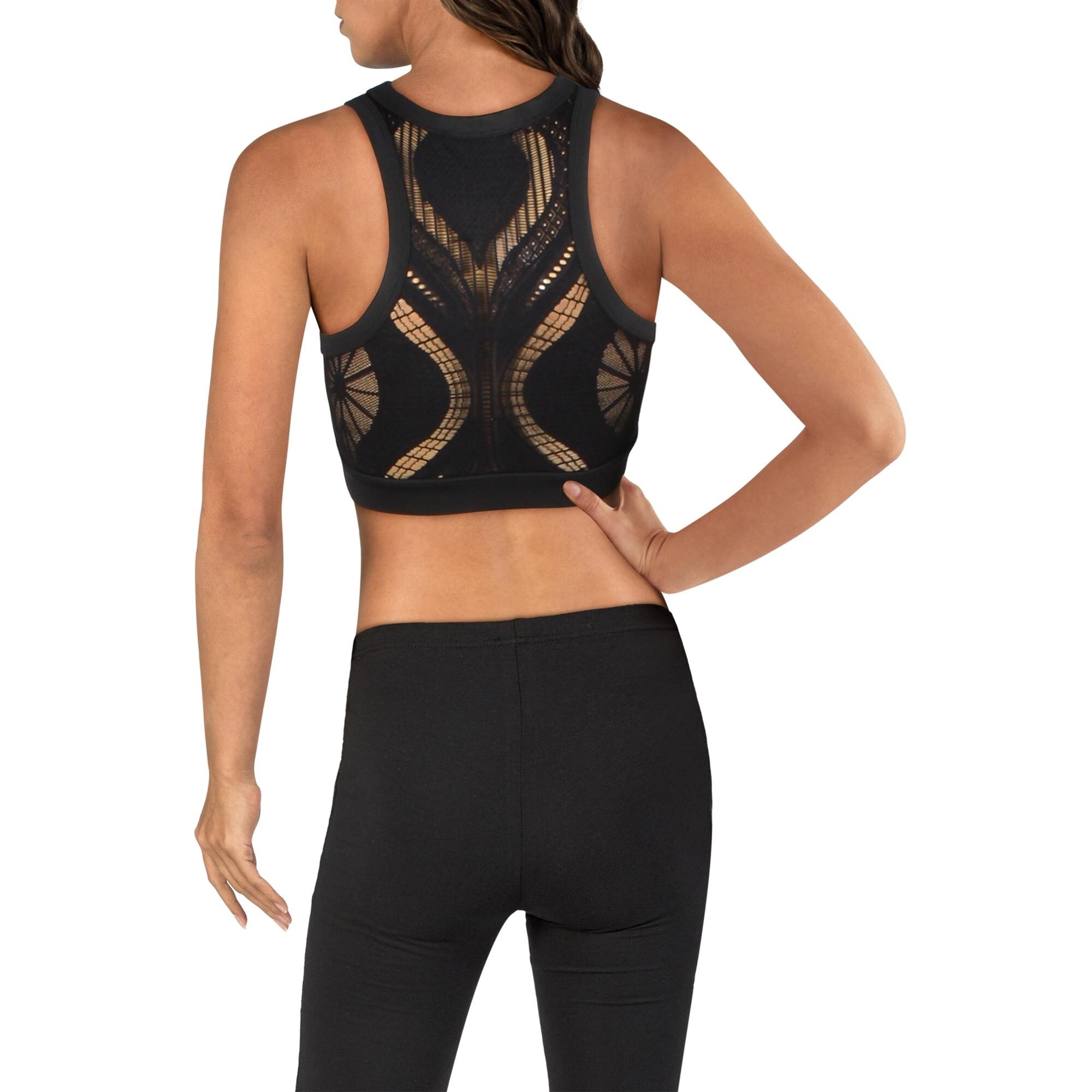 Bebe Sport Women S Lace Racerback Crewneck Logo Activewear Fitness Sports Bra Black Overstock