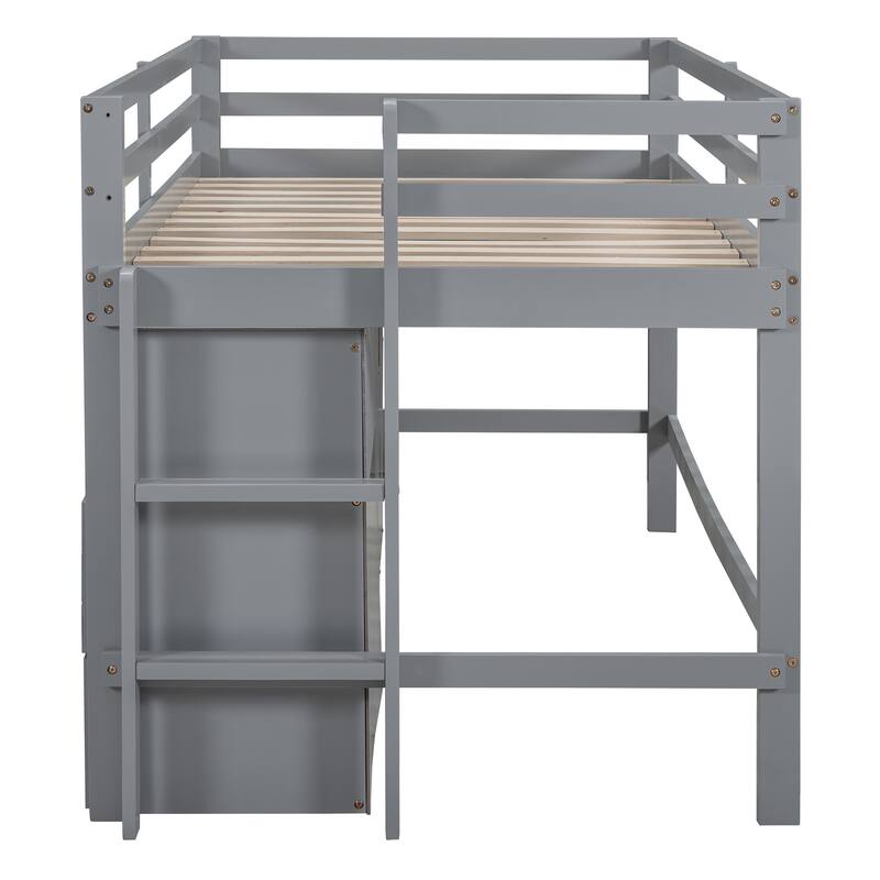 Twin Storage Kids Loft Bed Full Length Guardrail Low Loft Bed with Cabinet and 4 Drawers Space-Saving Kids Bed Slat Support