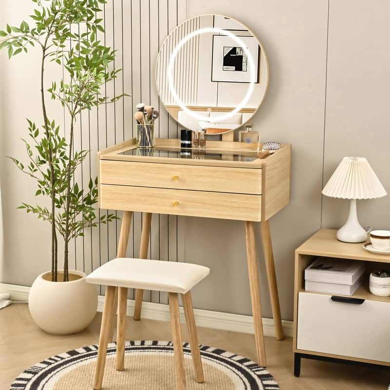 Small Vanity Desk with 3 Modes Lighted Mirror & Stool, Compact Vanity with 6-Grid Organizer - Natural