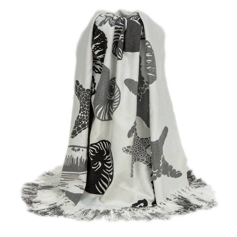 HomeRoots 52" X 67" Ivory and Gray Woven Cotton Coastal Seashell Throw Blanket with Fringe