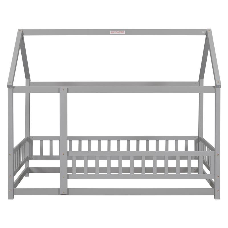 Twin/Full House Floor Bed for Kids, Wooden Montessori Bed Frame with Roof and Safety Guardrail for Boys or Girls, Twin/Full Size