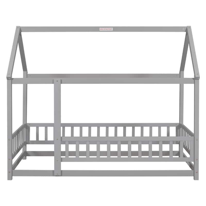 Twin Size Wooden Floor Bed with House Roof Frame, Fence Guardrails for Kids, Bedroom