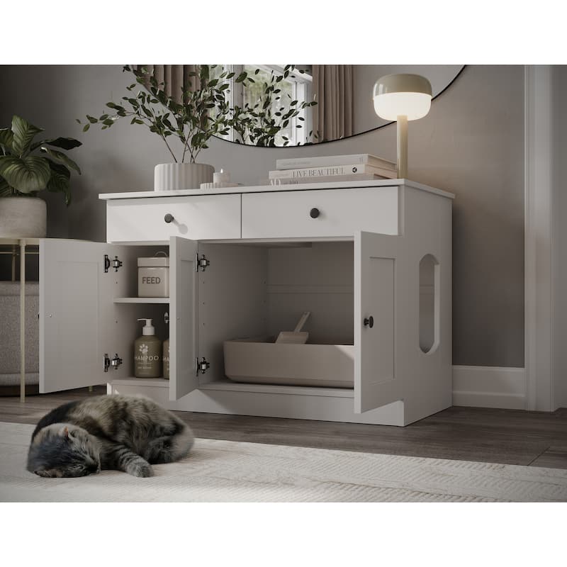 Palace Imports 100% Solid Wood Ziva 3-Door Cat Litter Box Enclosure with 2-Drawers