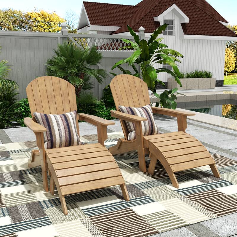 Vineyard HIPS Outdoor Folding Eco-Friendly All Weather Seashell Adirondack Chairs with Ottomans (4-Piece Set) - Teak