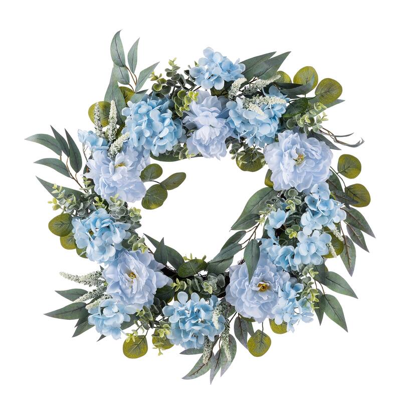 Glitzhome 24"D Artificial Floral Wreath with Peach Dahlia, Blue Peony & Hydrangea or Pink Hydrangea, Peony & Cherry