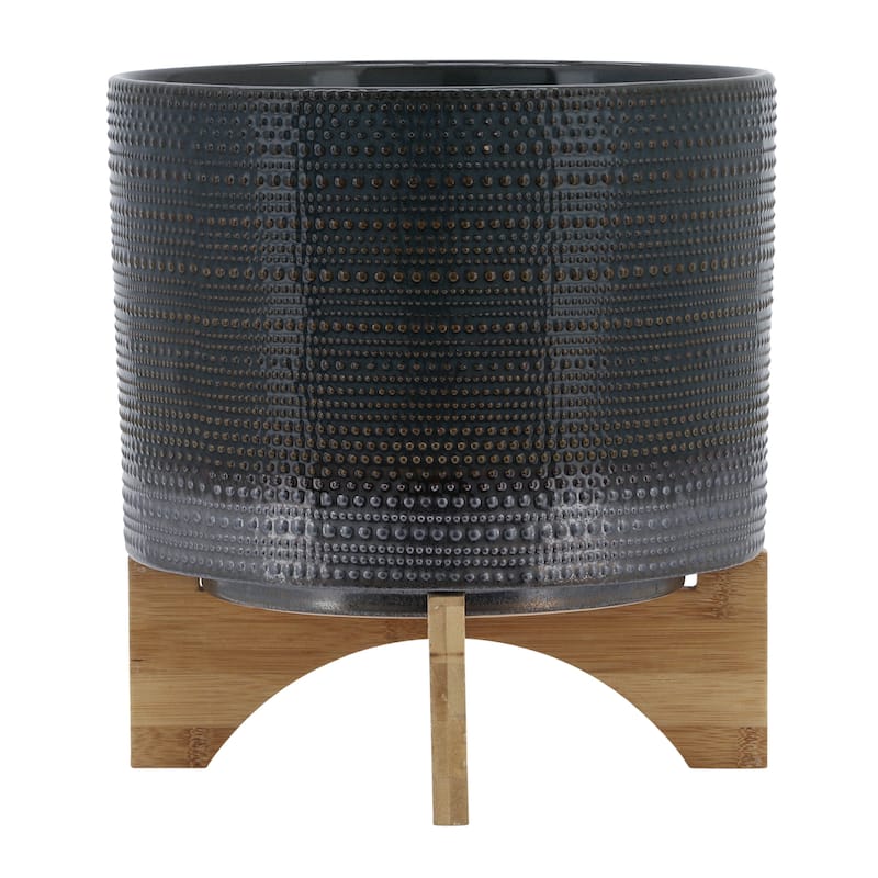 Sagebrook Home Ceramic Planter with Natural Wood Stand