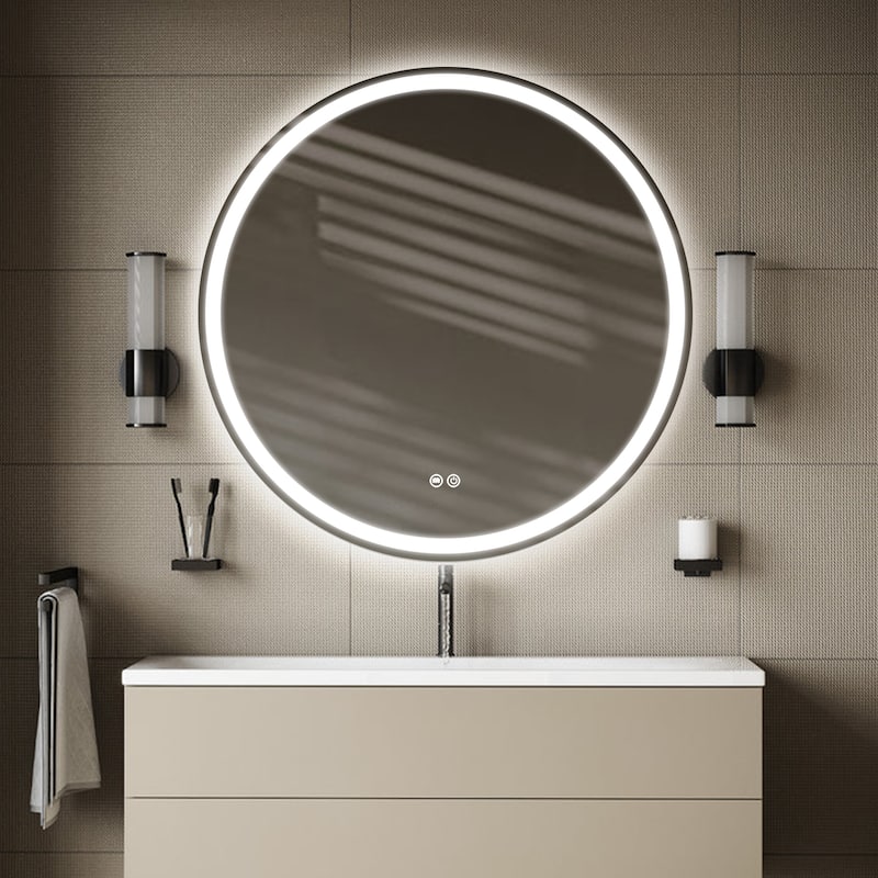 Circular LED Anti-Fog Mirror for Bathroom, Three-Color Lighting Adjustable - 31x31