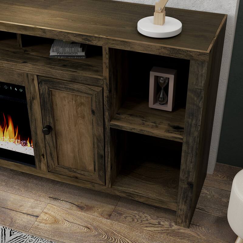 Bridgevine Home Joshua Creek 84 inch Electric Fireplace TV Stand for TVs up to 95 inches, Barnwood Finish