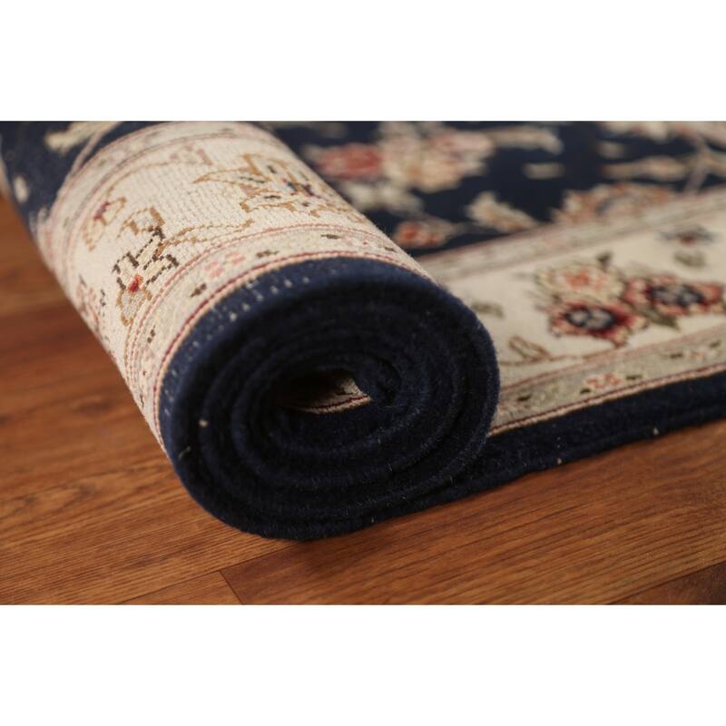 Hand Knotted Oriental Wool & Silk Carpet Traditional Floral Navy Blue & Blues Tabriz Area Rug - 4' 11'' X 3' 1''