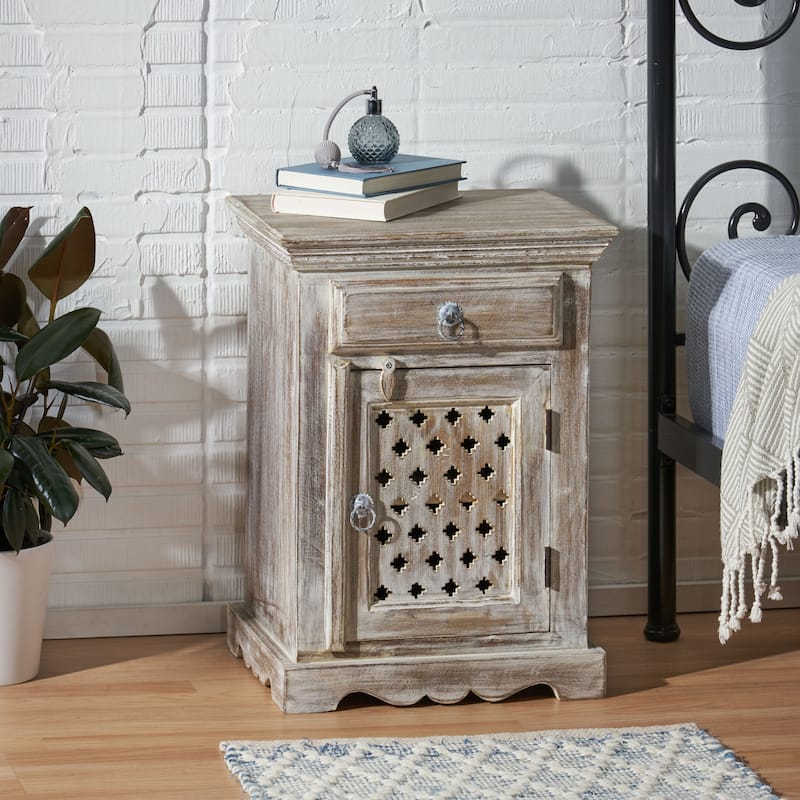Bohemian Mango Wood Nightstand with Drawer and Cabinet for Bedroom Living Room - White