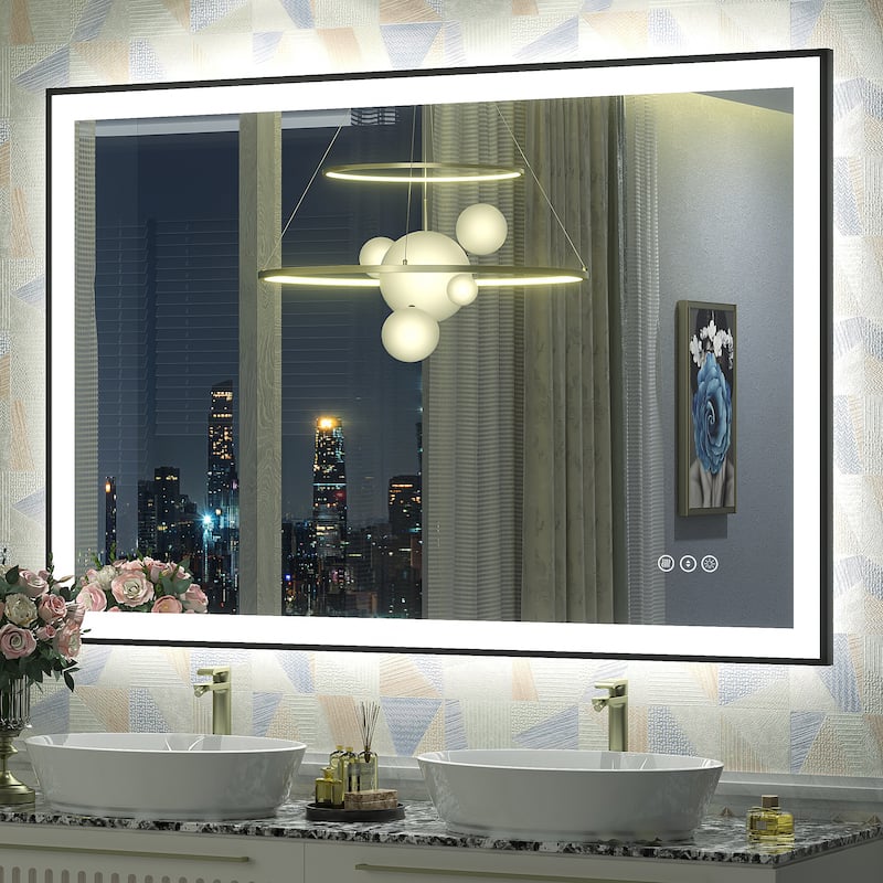 Front & Back LED Anti-Fog Tempered Glass Framed Bathroom/Vanity Mirror 3-Year Warranty - 48" x 32"-Square Corner - Black