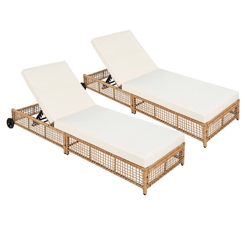 Outdoor Rattan Lounge Chair Set of 2, Patio Chaise Lounge with 5-Position Backrest Cushion and Wheels