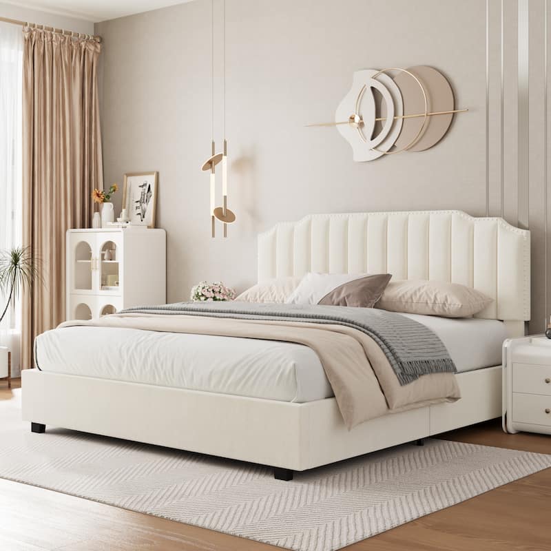 Modern Velvet Upholstered Platform Bed with Storage