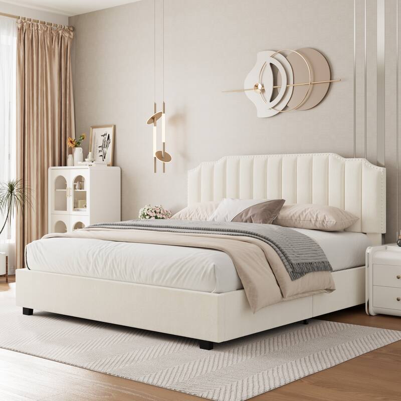 Queen Size Modern Style Velvet Upholstered Platform Bed with Storage Space for Bedroom