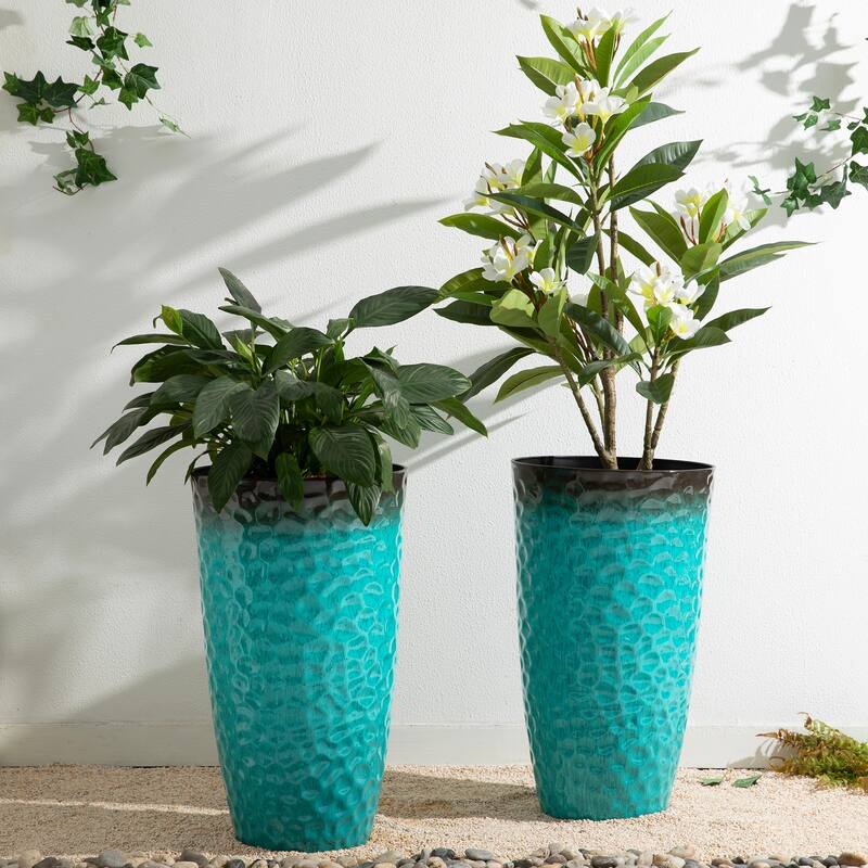 Glitzhome 23.75"H Set of 2 Oversized Eco-Friendly PP and Stone Honeycomb Textured Blue/Green/Red Tall Plastic Planter