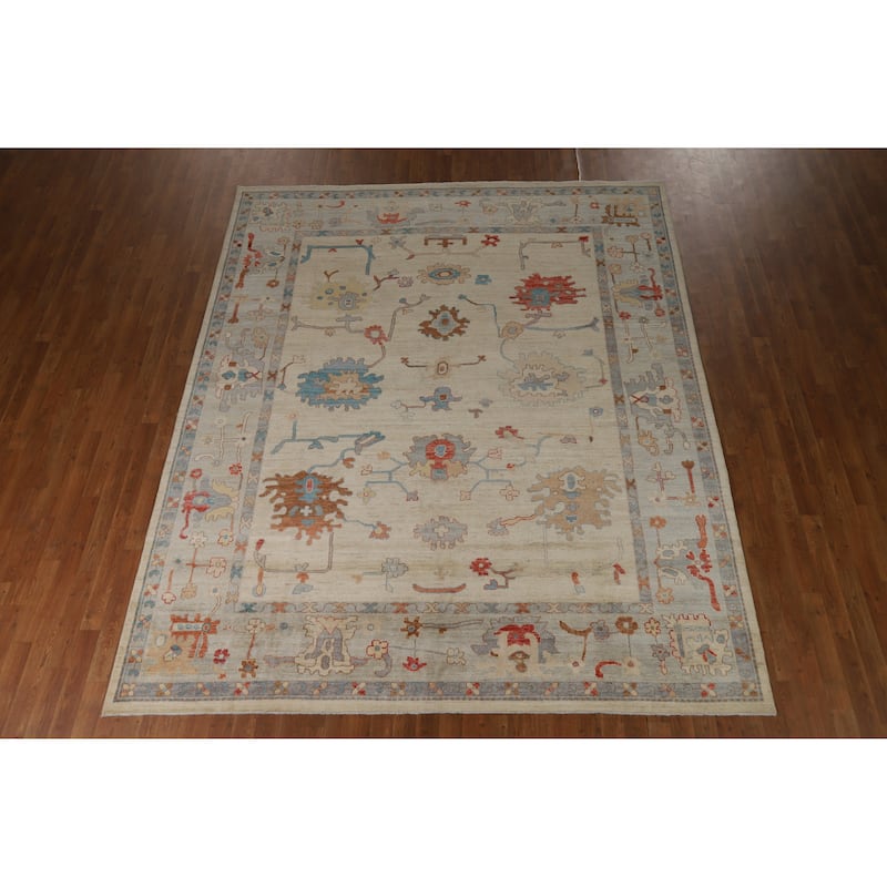 Hand Knotted Oriental 100% Wool Carpet Transitional All-Over Beige & Ivories Oushak Area Rug - 9' 11'' X 8' 2''