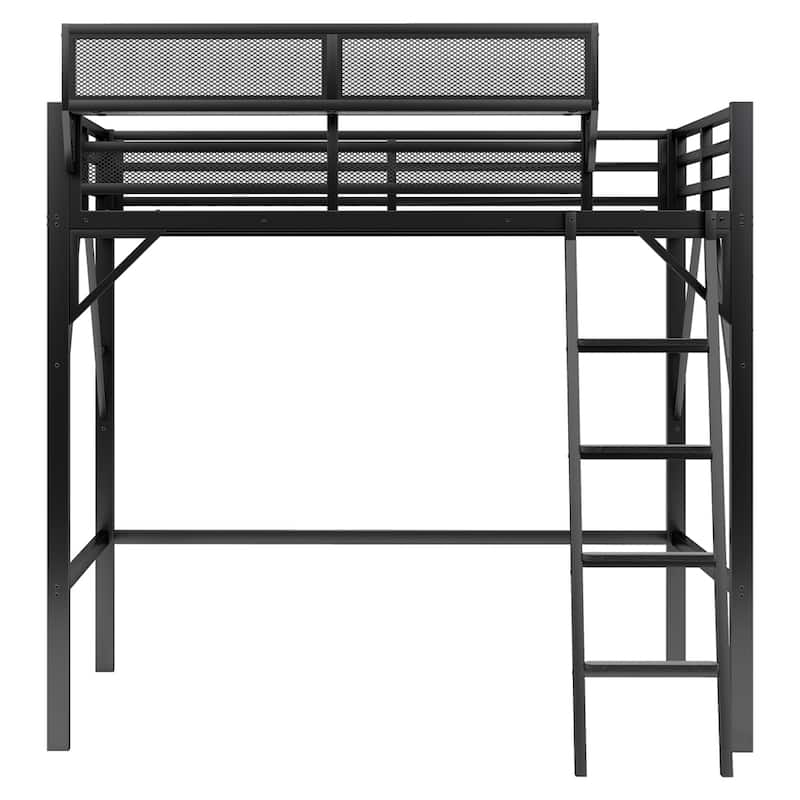 Full Size Loft Bed with Ladder,Metal Full Loft Bed w/Storage Shelves