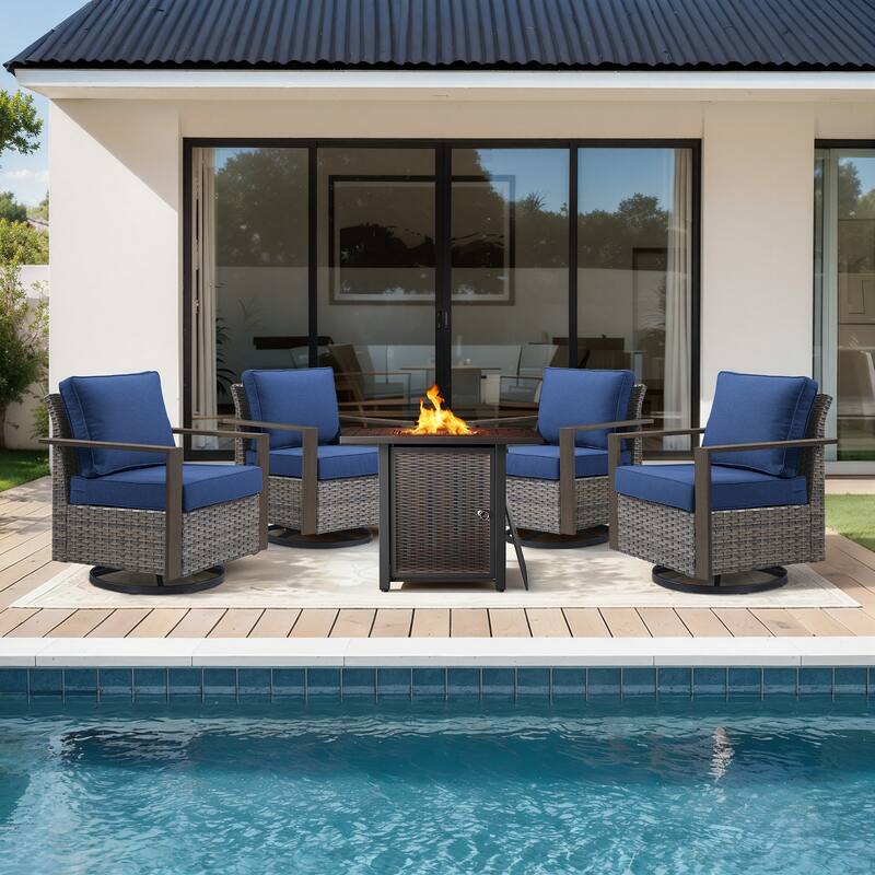 Meyreso 5-Piece Wicker Swivel Glider Metal Fire Pit Set with Plush 4.5" Olefin Cushions
