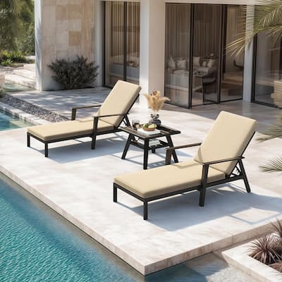 PURPLE LEAF Adjustable Chaise Lounge - Thick Cushioned Outdoor Recliner with Side Table, for Patio, Beach & Backyard (Khaki)
