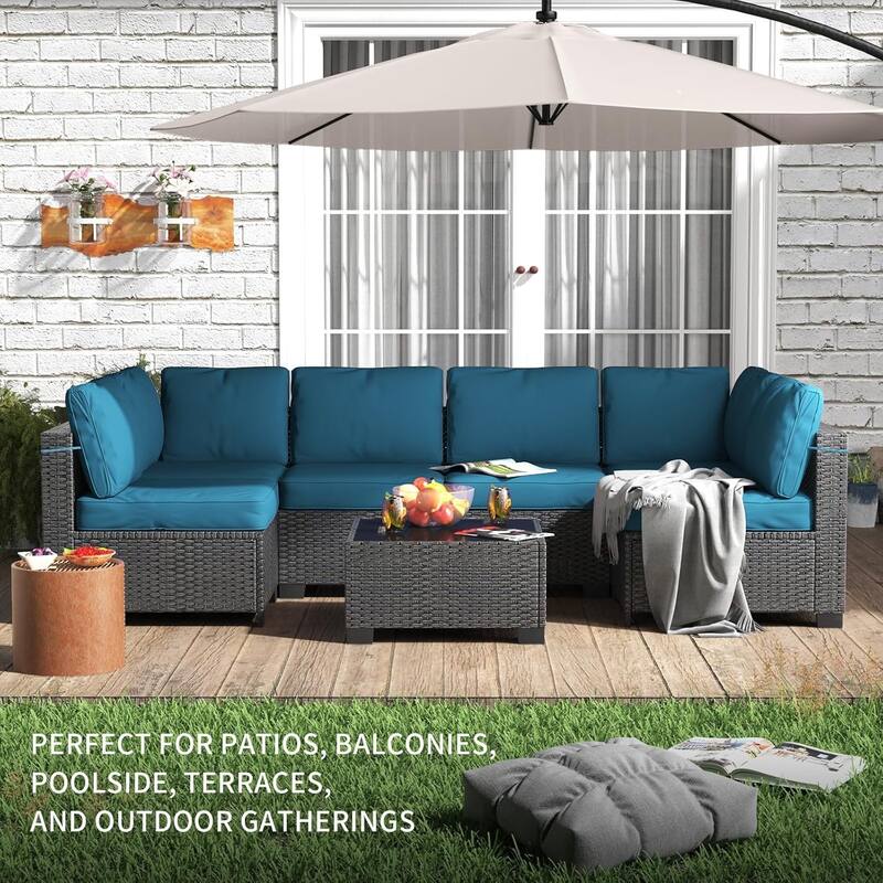 7-Piece Patio Conversation Sofa Set with Cushions and Glass Top Coffee Table